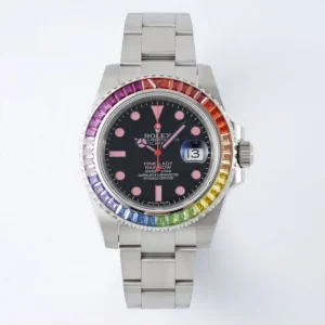 Rolex Submariner Rainbow Bezel Watch – Black Dial with Pink Markers, 40mm Stainless Steel Case