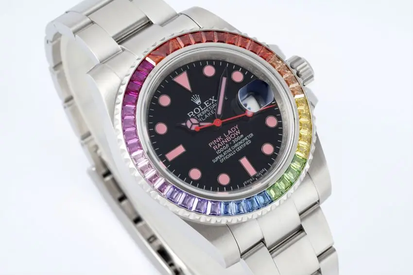 Rolex Submariner Rainbow Bezel Watch – Black Dial with Pink Markers, 40mm Stainless Steel Case - Image 2