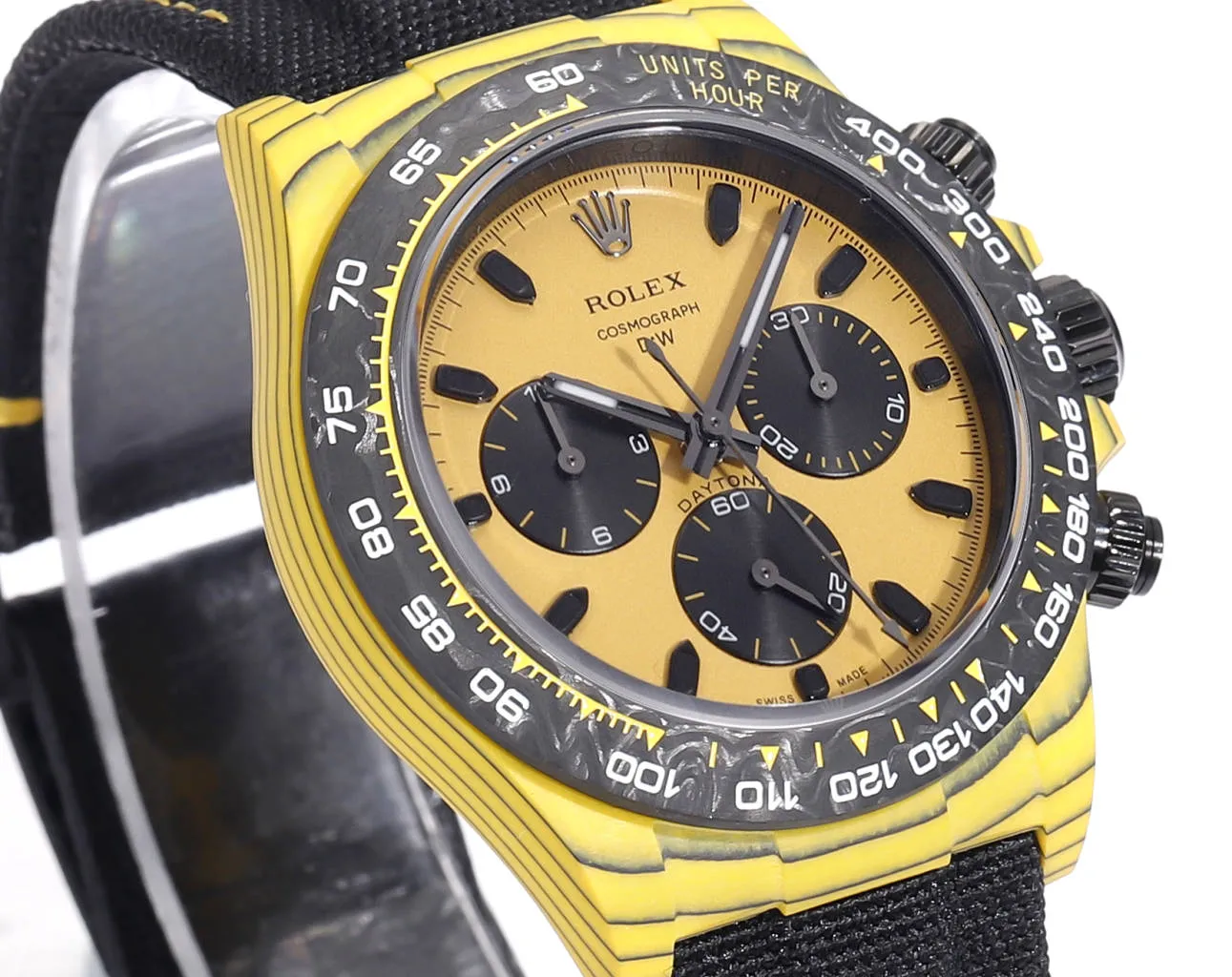 Rolex Daytona Carbon Fiber Night Glow Case Watch – Yellow with Black Strap - Image 2
