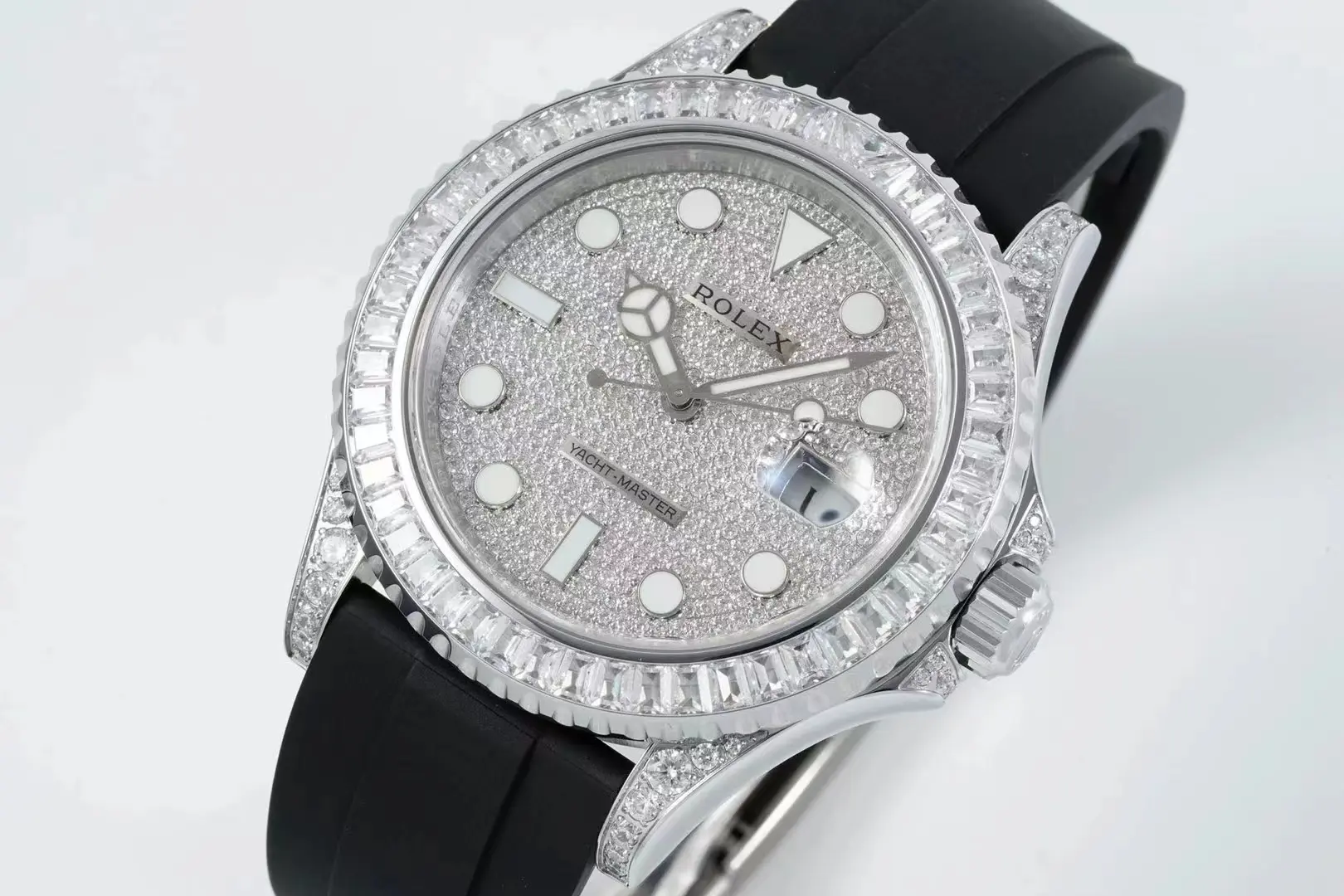 Rolex Yacht-Master 42mm Diamond Set Watch – Silver Dial with Black Rubber Strap - Image 3