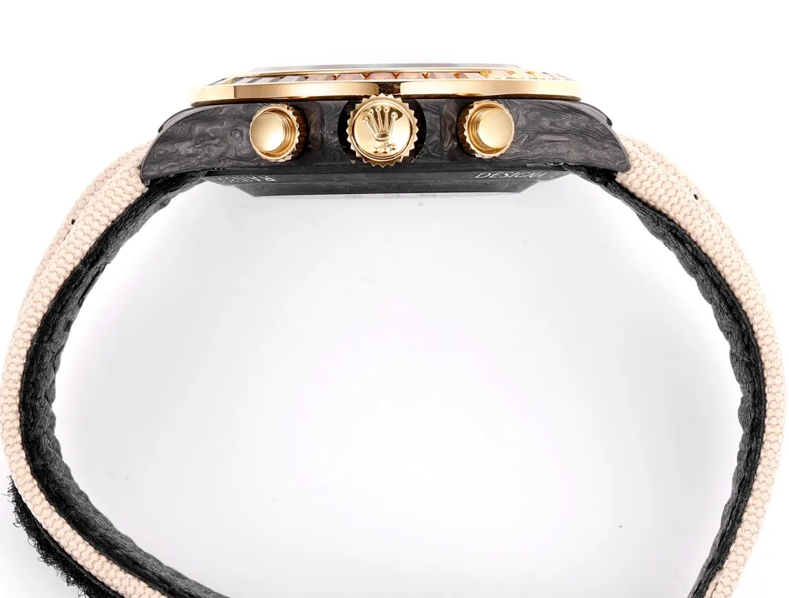 Rolex Daytona Custom Carbon Fiber Night Glow Case Watch – Black with Rainbow Bezel, Beige Strap - Image 5