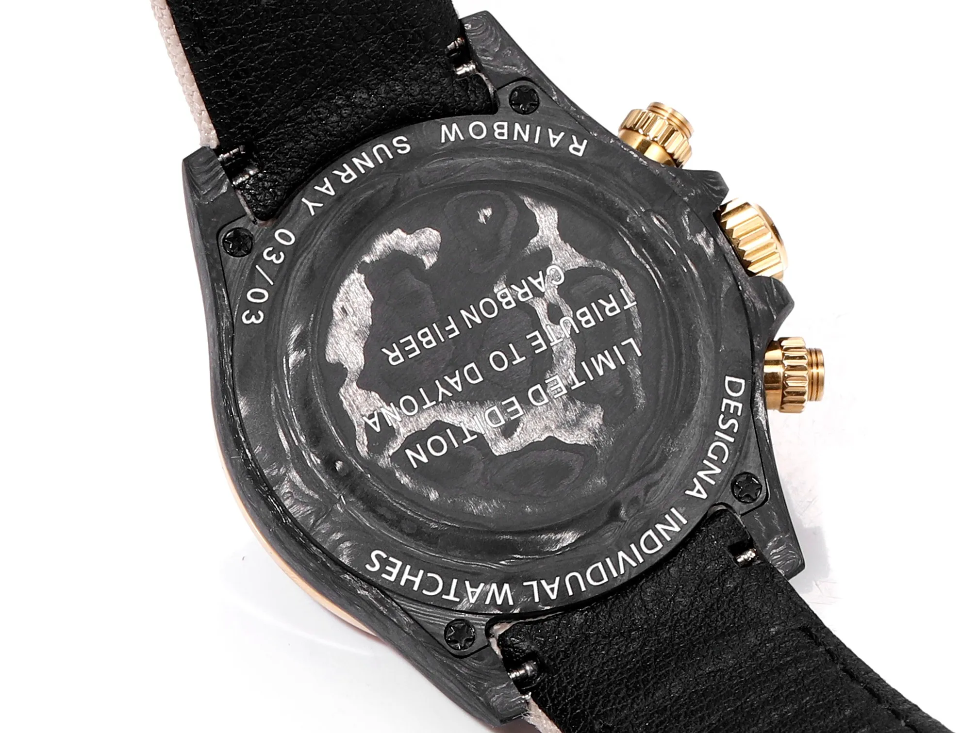 Rolex Daytona Custom Carbon Fiber Night Glow Case Watch – Black with Rainbow Bezel, Beige Strap - Image 6