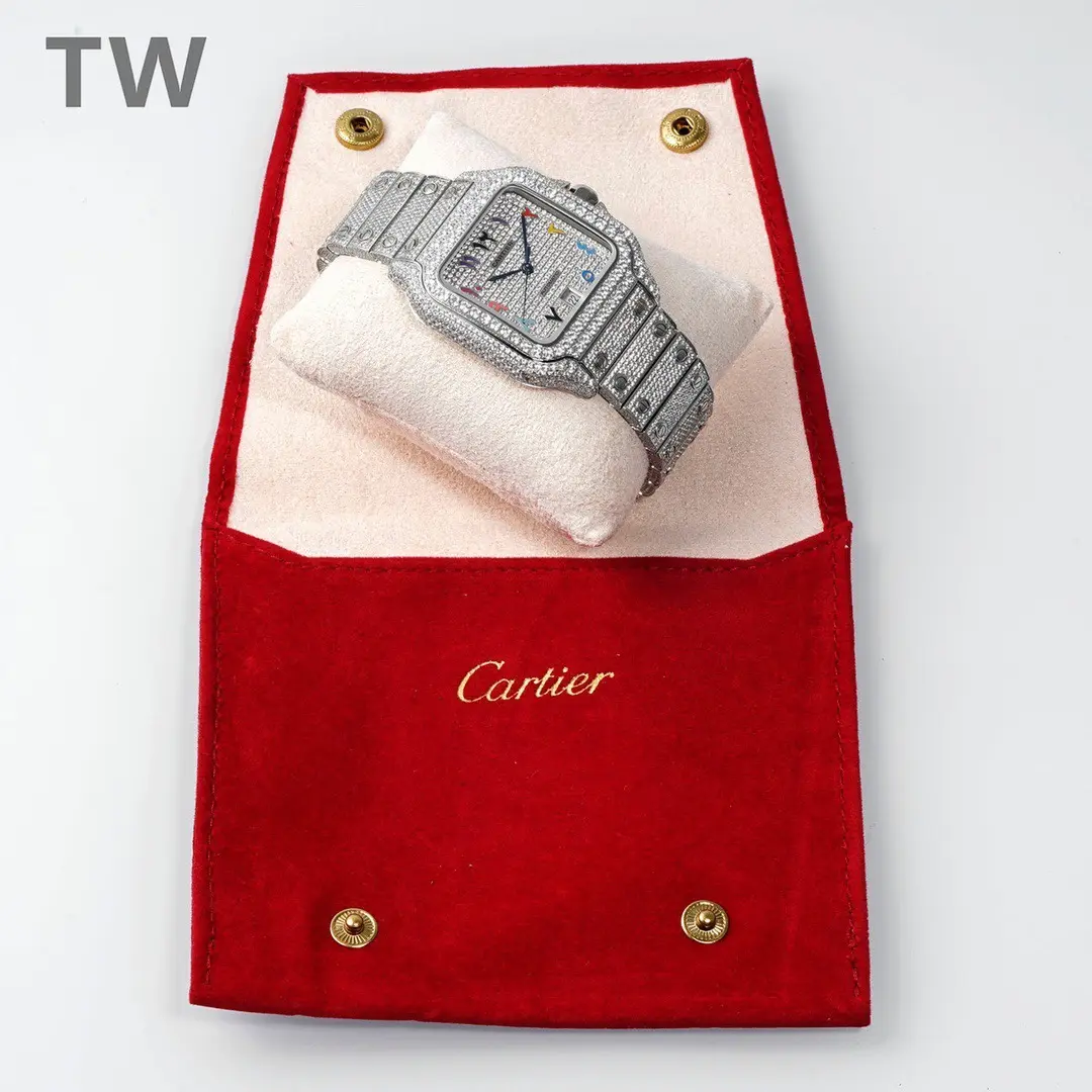 Cartier Santos Full Diamond Bezel Silver Watch - Image 3